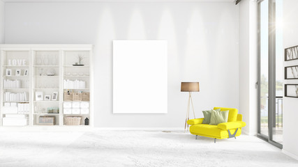 Fashionable modern interior with yellow recliner and empty frame and copyspace in vertical arrangement. 3D rendering.