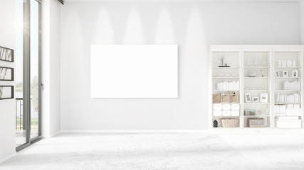 Fashionable modern empty clean room interior with empty frame and copyspace in horizontal arrangement. 3D rendering.
