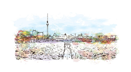 Watercolor sketch with splash of skyline Berlin, Germany in vector illustration. © dhanu3182
