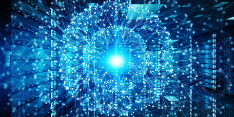 Abstract network on server room data center 3D rendering