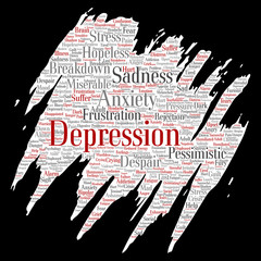 Fototapeta premium Vector conceptual depression or mental emotional disorder problem paint brush or paper word cloud isolated background. Collage of anxiety sadness, negative sad, despair, unhappy, frustration symptom
