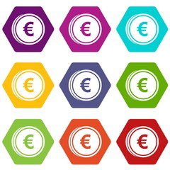 Euro coins icon set color hexahedron