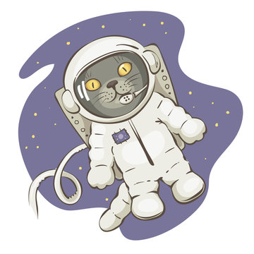 In Open Space / Funny Vector Illustrations With Grey Cat In Space Suit