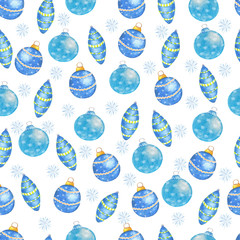 Seamless Christmas pattern with blue balls. Watercolor illustration.