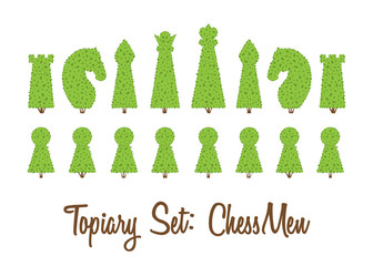 Topiary set of all chessmen shapes of bushes and trees: king, queen, pawn, bishop, rook, knight