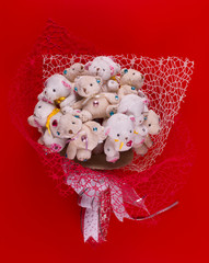 group of teddy bears,present,bouquet