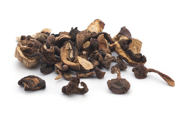 Dried mushrooms on a white background