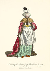 Queen of Transylvania in traditional dresses in 1749. Long coat, tunic and skirt, strange cap with feathers. Old watercolor illustration By J.M. Vien, T. Jefferys, London, 1757-1772