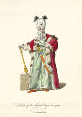 Grand Vizier in traditional dresses in 1749. elegant red coat, green tunic, turban, white beard and scimitar. Old watercolor illustration By J.M. Vien, T. Jefferys, London, 1757-1772