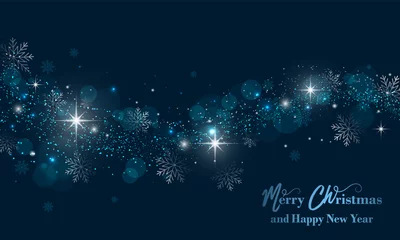 Merry Christmas and Happy New Year banner with stars, glitter and snowflakes. Vector background. © ftotti1984