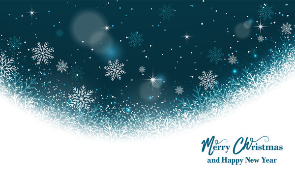 Magic Christmas greeting card. Background with snowflakes, glitter and stars.