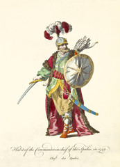 Sipahi Commander in Chief in traditional dresses. Long red cloak, sword, shield, bow and arrows. Old illustration by J.M. Vien, publ. T. Jefferys, London, 1757-1772