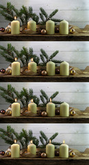 Four images of white advent candles being lit one after the other, christmas decoration on rustic...