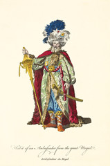 Fototapeta premium Ambassador of the Great Mogul posing in traditional dresses. Rich turban with feathers and jewlers, gold sword and stick, red mantle. Old illustration by J.M. Vien, on T. Jefferys, London, 1757-1772