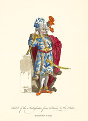Persian Ambassador in traditional dresses. Rich clothes and gold items. Sword, scepter and turban. Long red mantle. Old illustration by J.M. Vien, on T. Jefferys, London, 1757-1772