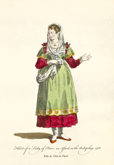Lady of Paros posing in traditional colorful greeks dresses in 1568. Old illustration of by J.M. Vien, publ. T. Jefferys, London, 1757-1772