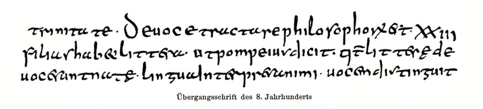 Transition from roman half uncial and insular scrip to carolingian minuscule, 8th century (from Meyers Lexikon, 1896, 13/420/421)