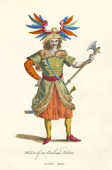Obraz premium Arabian Soldier in antique orange and green uniform holding a long axe. Old illustration by J.M. Vien, publ. T. Jefferys, London, 1757-1772