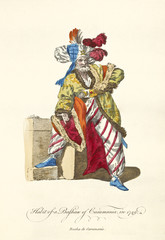 Caramania Pasha (South Anatolia) in traditional dresses in 1749. Long coat, striped white and red pants, big turban with feathers. Old illustration by J.M. Vien, publ. T. Jefferys, London, 1757-1772