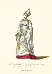 Fototapeta na wymiar Caramania Lady in rich traditional dresses in 1581. Long white dress, white hat with gold decorations. Old illustration by J.M. Vien, publ. T. Jefferys, London, 1757-1772
