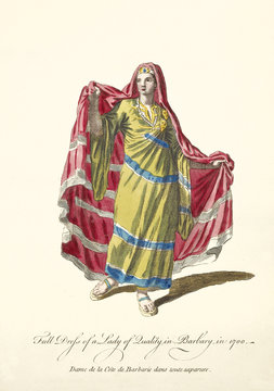 Old illustration of Berber women in traditional dresses in 1700. Ancient elements like tunic, long cloak and sandals. By J.M. Vien, publ. T. Jefferys, London, 1757-1772