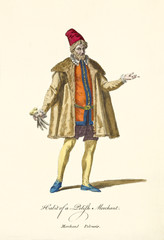 Old illustratiion of Polish Merchant posing in traditional dresses. Classic ancient elements like male tights ,fur coat and long cap. By J.M. Vien, publ. T. Jefferys, London, 1757-1772