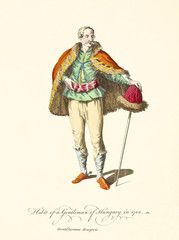 Old illustratiion of Hungarian Merchant  posing in traditional dresses. He wears medieval elements like fur wrap and fur cap By J.M. Vien, publ. T. Jefferys, London, 1757-1772