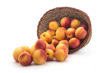 Small nectarines in a basket on a white background