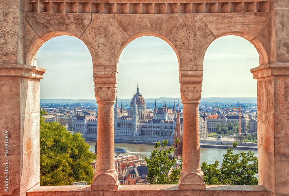 Wall mural hungary. budapest. parliament view through fishermans bastion.