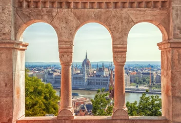 Wall murals Budapest Hungary. Budapest. Parliament view through Fishermans Bastion.