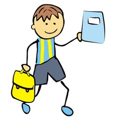 Boy with satchel and exercise book, happy kid, vector illustration