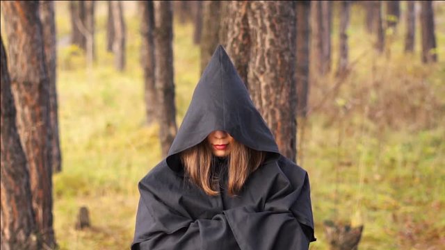 the witch in cloak in the woods