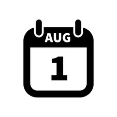 Simple black calendar icon with 1 august date isolated on white
