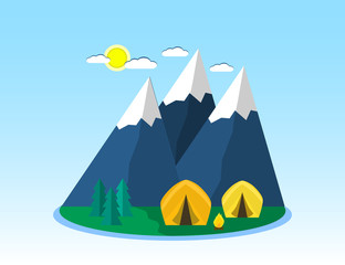 Campsite place in mountain. Hiking and camping design concept. flat illustration