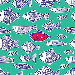 Line fish. Seamless pattern with cute ornamental fish. Sea background.