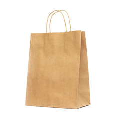 Recycled paper shopping bag on white background.