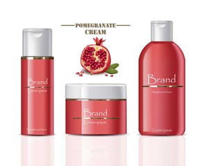 Cream Cosmetics Pomegranate bottles Vector. Realistic product packagings detailed mock ups