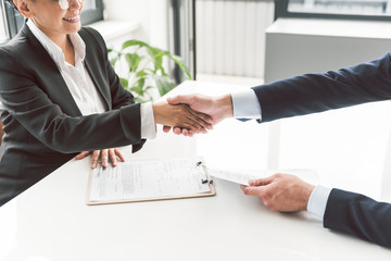 Businesswoman shaking hands with partner