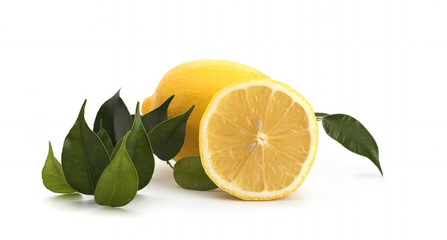 Lemon with green leaves on a white background
