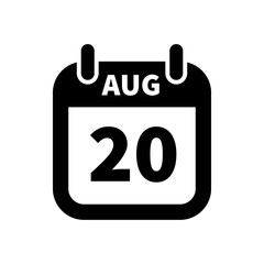 Simple black calendar icon with 20 august date isolated on white