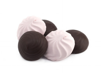 Marshmallow in chocolate and fruit marshmallows on a white background