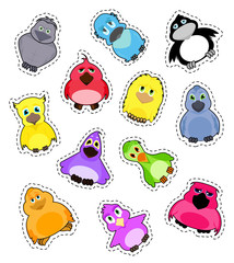Set of stickers cute colorful cartoon birds isolated on white background. Vector big set of illustrations.