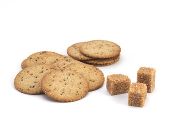 Cookies and sugar on a white background