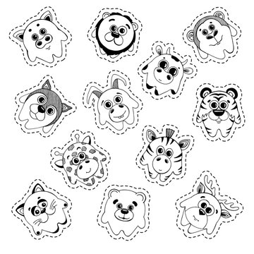 Set of stickers. Set of cute cartoon animals.Children's pattern for decoration. Vector illustration of a sketch style.