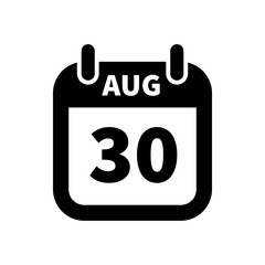 Simple black calendar icon with 30 august date isolated on white