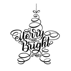 Merry and Bright New Year Lettering in form of star tree toy, Greeting Card design circle text frame isolated on white.Vector illustration. Christmas tree toy, Sign Painting