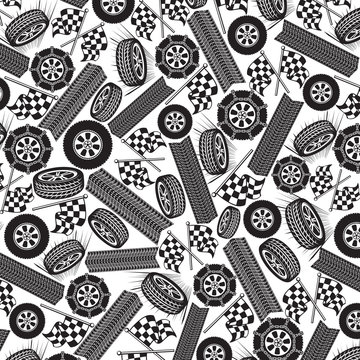 background pattern with tires and checkered flags