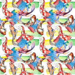 Exotic goldfish wild fish pattern in a watercolor style. Full name of the fish: goldfish. Aquarelle wild fish for background, texture, wrapper pattern or tattoo.
