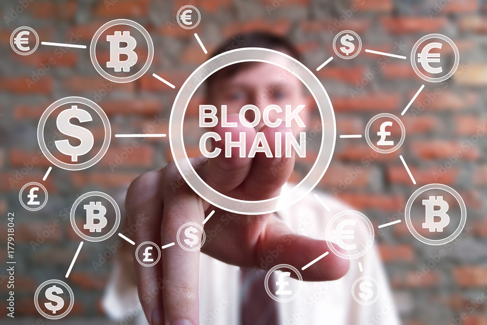 Aufkleber cryptocurrency blockchain and bitcoin concept. businessman presses currencies button block chain on 