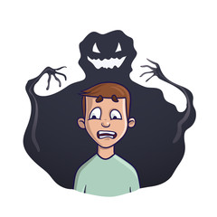 The young man and the shadow monster behind him. Vector illustration on the theme of insomnia, nightmares, fears. Isolated on white background.